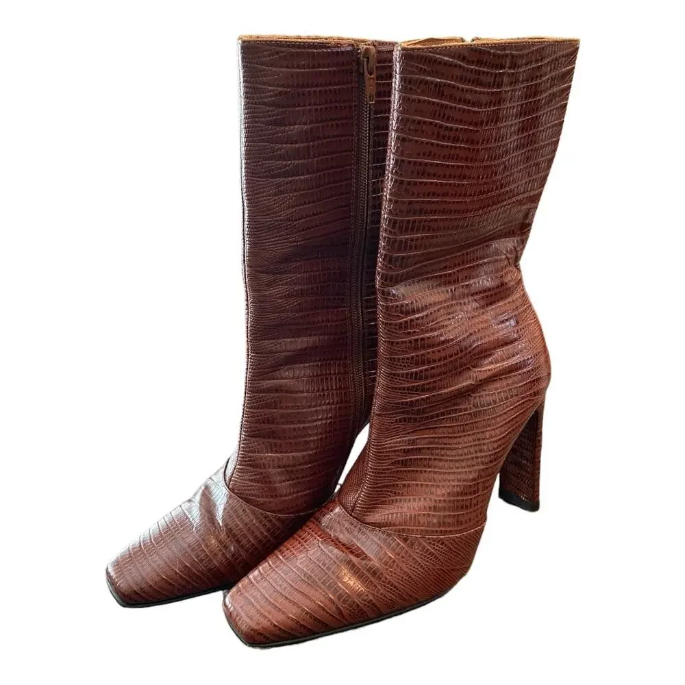 Toral Daisy Heeled Boots Square Toe Croc Leather Square Toe Classy Y2K Sz 38